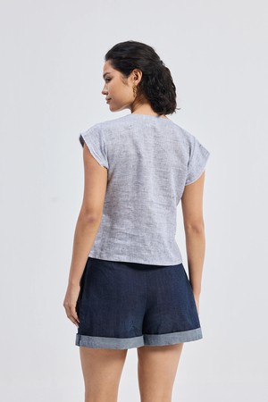 Deep V-neck short top in  Linen Stripes from Reistor