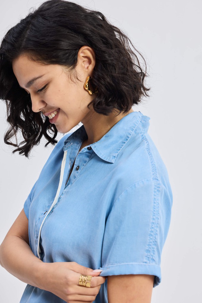 Drawstring Denim Shirt Dress with Front Buttons in Blue from Reistor