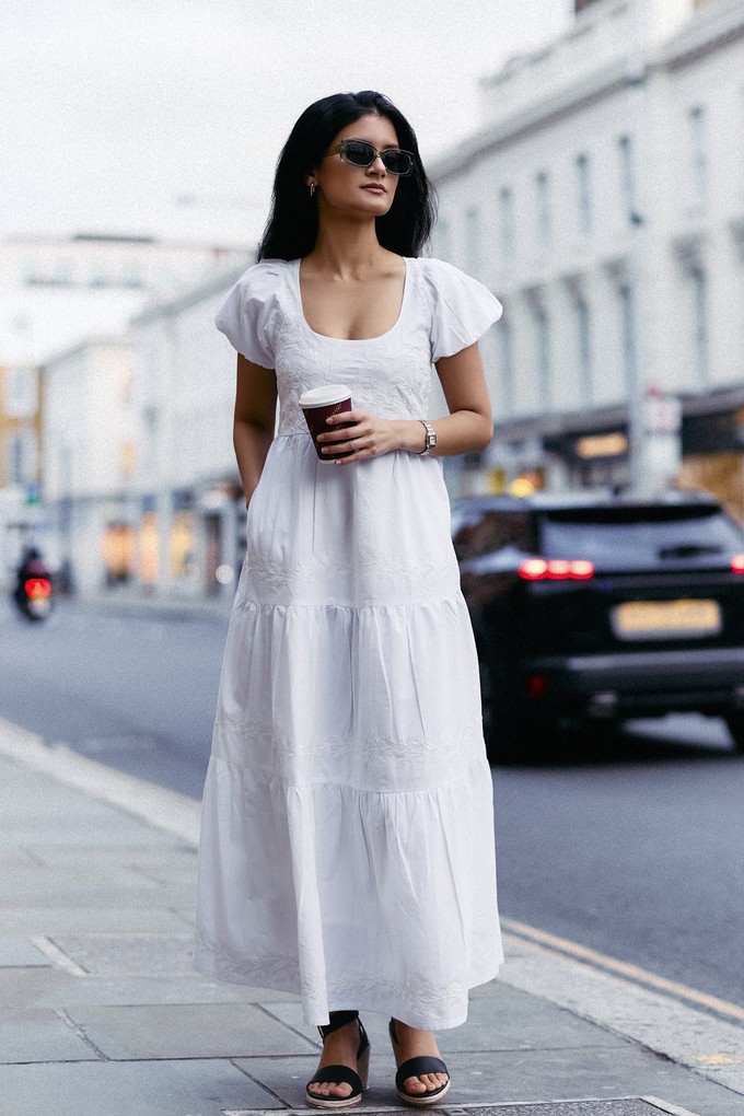 Puff Sleeve Embroidered Tiered Dress in White from Reistor