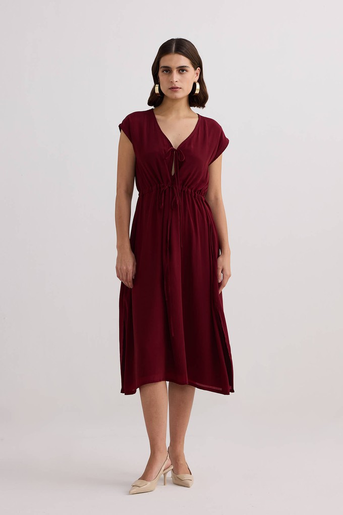 Deep V-neck Gathered Dress in Burgundy from Reistor