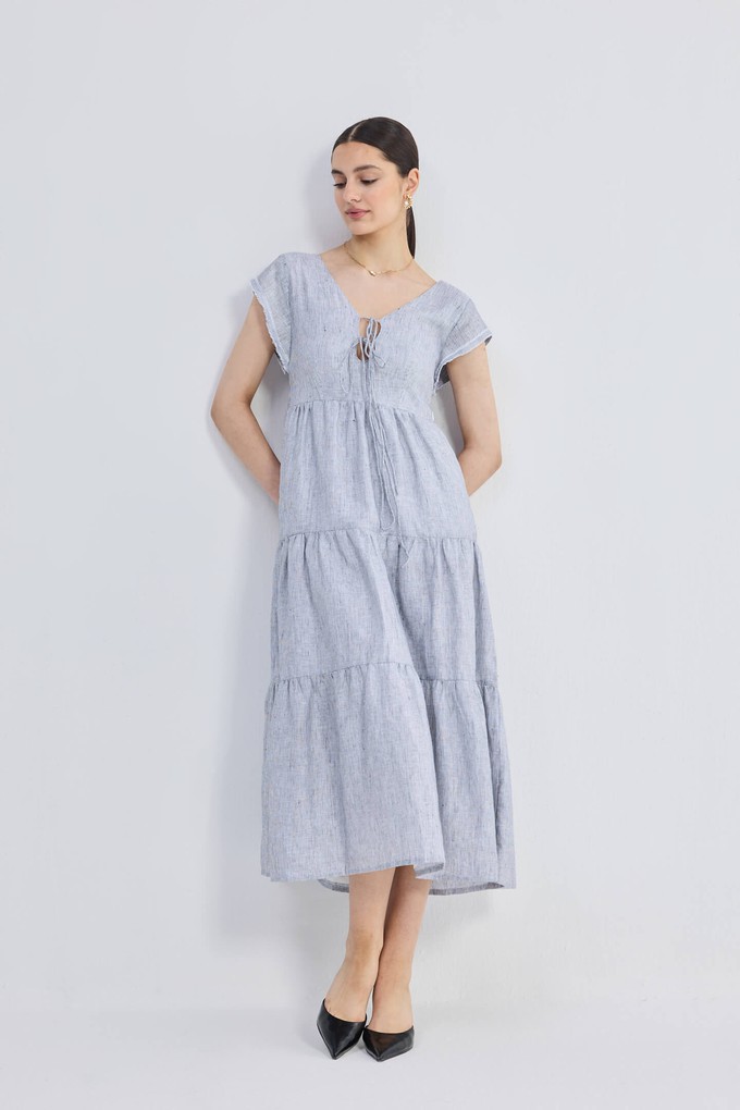 Maxi Tired Dress with Front-ties in Linen Stripes from Reistor