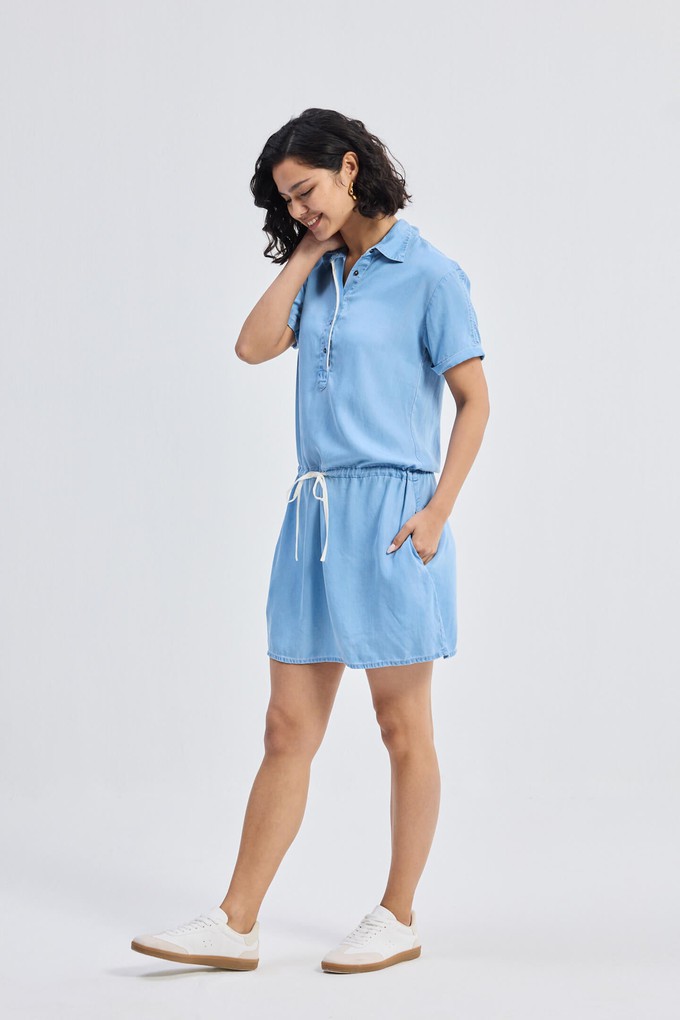 Drawstring Denim Shirt Dress with Front Buttons in Blue from Reistor