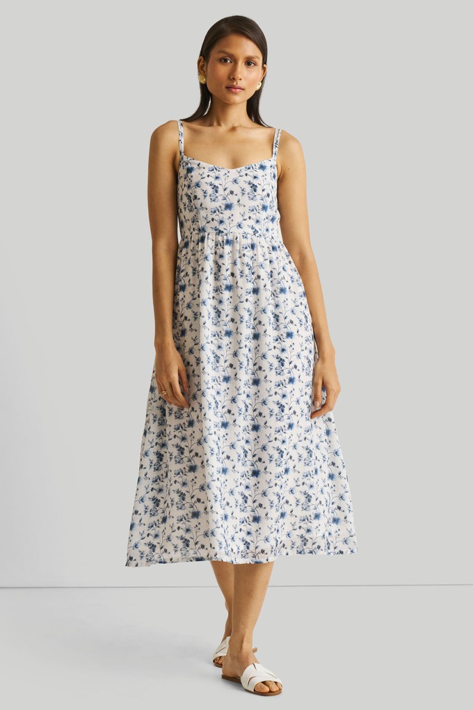 Strappy Gathered Blue Floral Midi Dress from Reistor