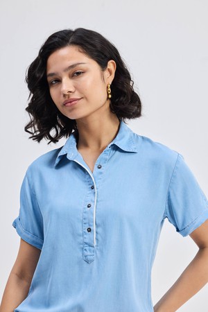 Drawstring Denim Shirt Dress with Front Buttons in Blue from Reistor