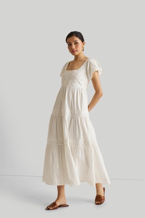 Puff Sleeve Embroidered Tiered Dress in White from Reistor