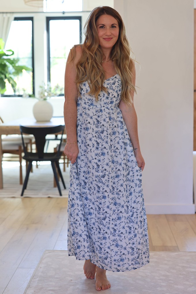 Strappy Gathered Blue Floral Midi Dress from Reistor