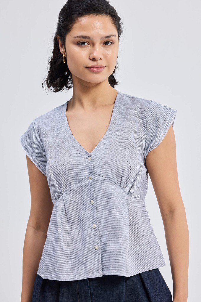 Deep V-neck short top in  Linen Stripes from Reistor