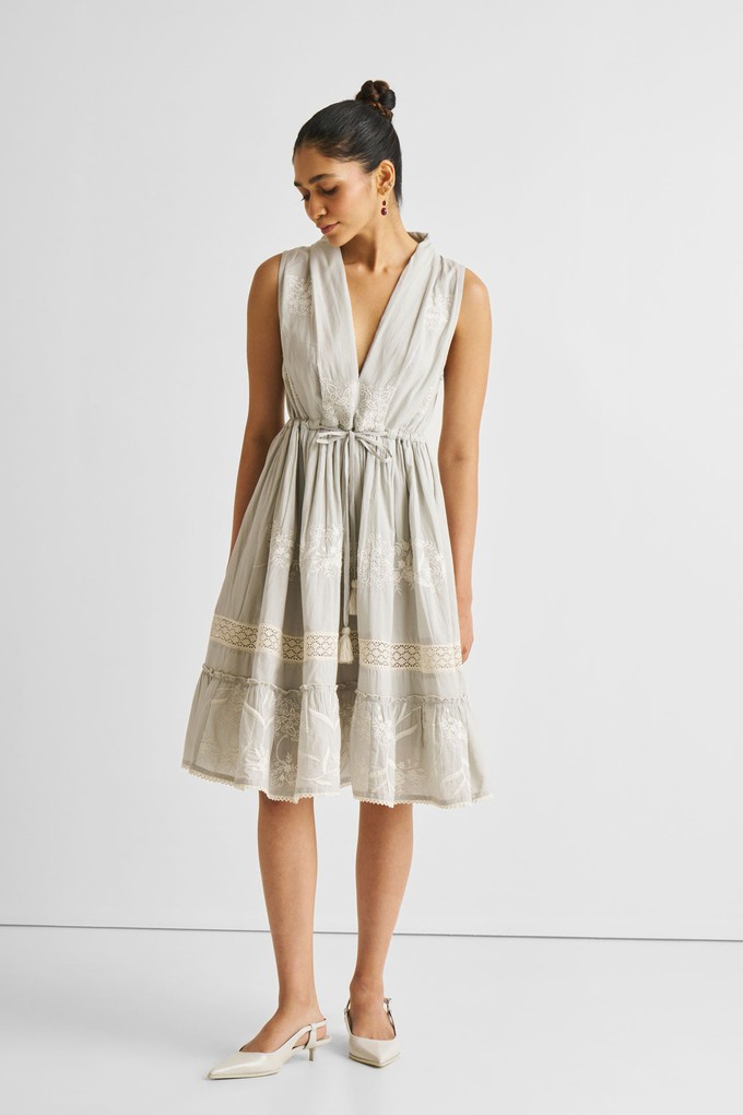 Embroidered Drawstring Gathered Dress in Grey from Reistor