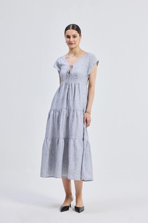 Gathered Tiered Dress with Front-ties - Linen stripes from Reistor