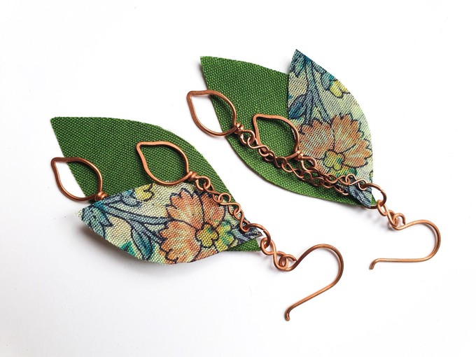 Handcrafted reclaimed sari earrings, copper leaf earrings from Shakti.ism