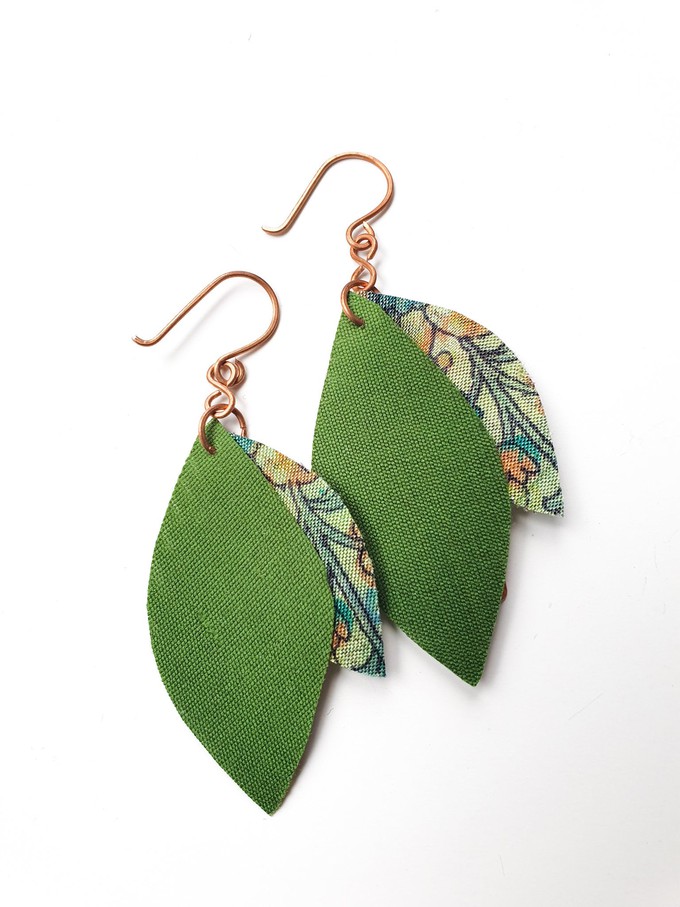 Handcrafted reclaimed sari earrings, copper leaf earrings from Shakti.ism