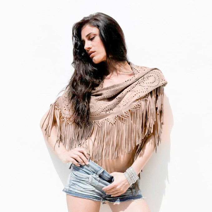 CHISTA FRINGE SHAWL - POWDER BEIGE from Treasures-Design