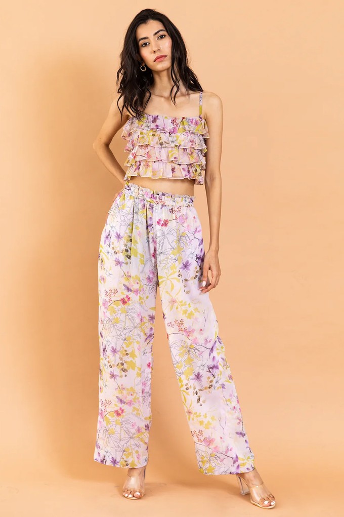 Chiffon Floral Co-Ord Set - Ruffle Crop Top & Pants - Blush from Urbankissed