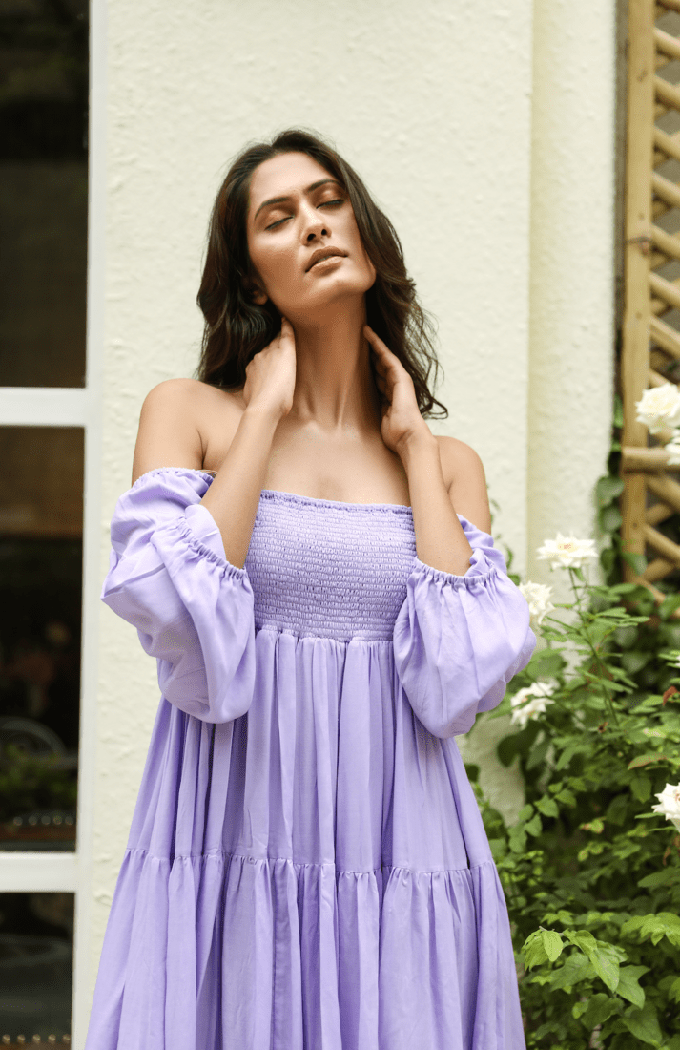 Tiered Midi Dress Off-Shoulder - Violet from Urbankissed