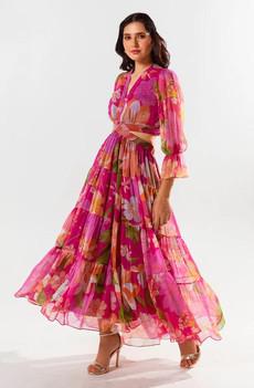 Floral Maxi Dress - Chiffon Cut Out Waist Detail Red & Pink via Urbankissed