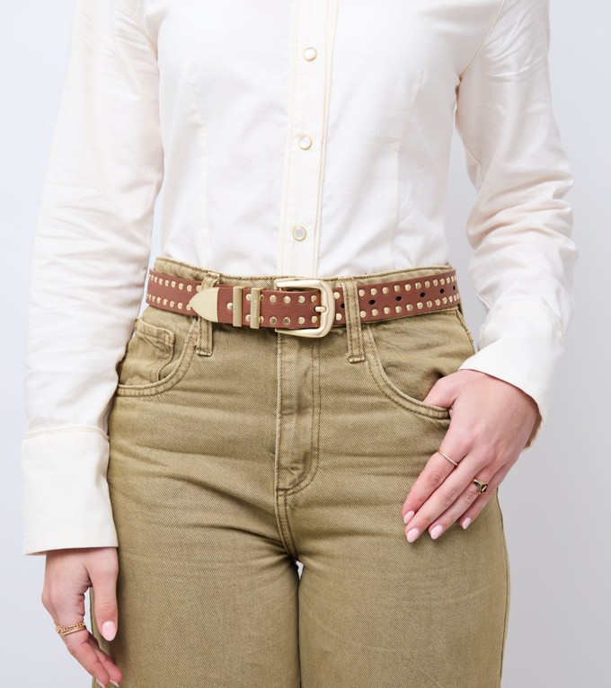 Ayla Vegan Bio-Based Bamboo Western Studded belt in brown from Votch